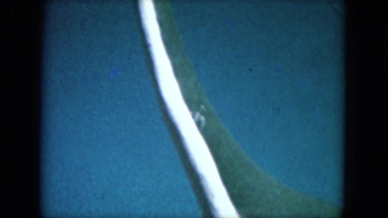 Similar blue field with the green form and white stripe shifted within the frame.