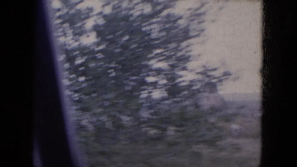 Motion-blurred 1969 8mm roadside view in Lake Canyon, with evergreen branches, desert ground, and dark frame edges.
