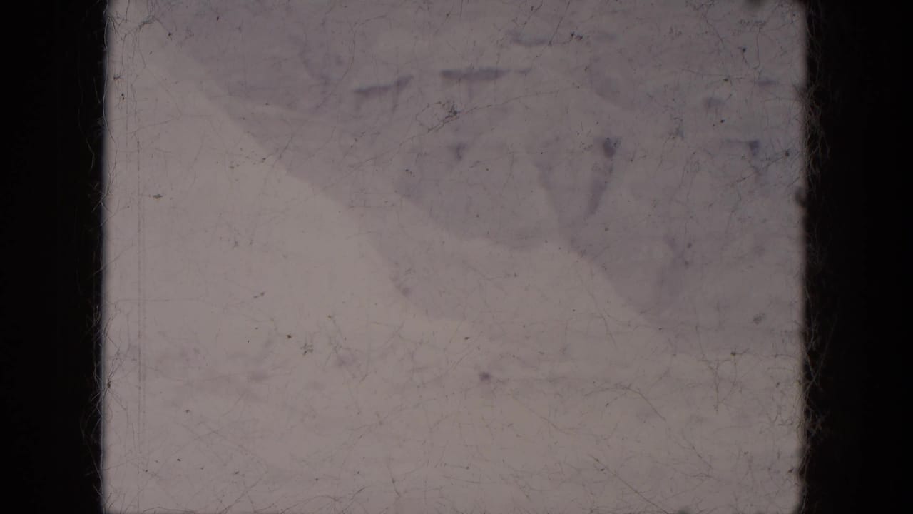 Snowy outdoor view with faint markings, dark borders, dust, and scratched film surface.
