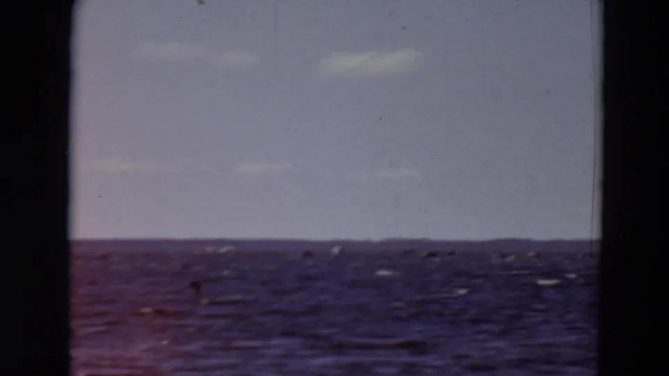1969 Minnesota 8mm frame with wide open water, low horizon, faint clouds, and dark framing from the filming position.