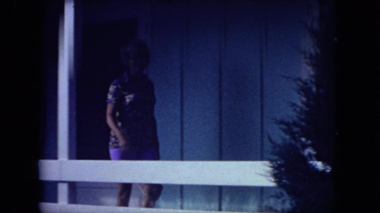Woman in patterned top and purple shorts stands behind a porch railing.