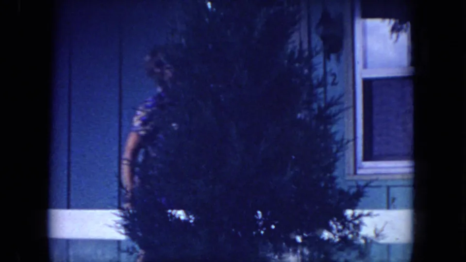 The woman moves along the porch at night, partly obscured by shrubs, a white railing, and the dark edge of the camera view.
