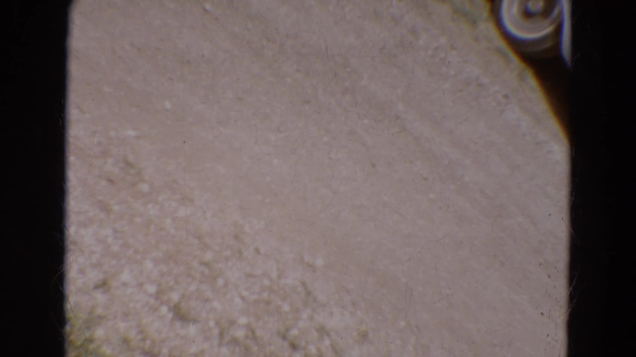 Low-angle view of pale textured ground with dark film edges and soft 8mm grain.
