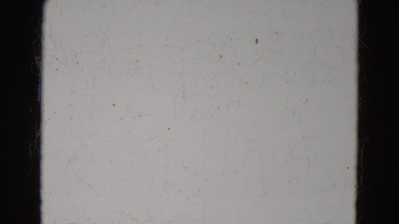 Blank 8mm film frame with black vertical frame bars, dust, scratches, and pale exposed film area.