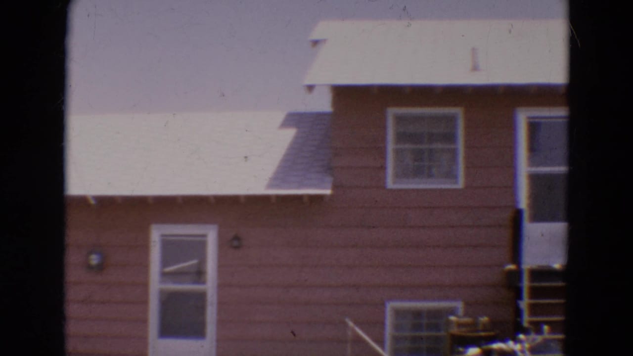 Pink-sided house exterior with white trim, windows, back door, and roofline.