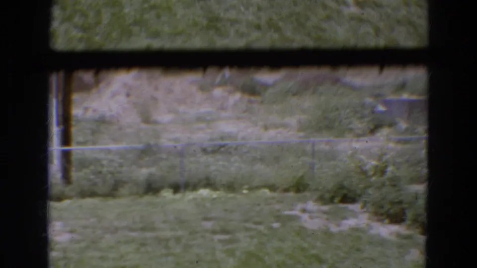 The 1968 Diller, Nebraska view shows a fenced grassy area, shrubs, dirt mound, and low concrete structure partially framed by a dark window edge.