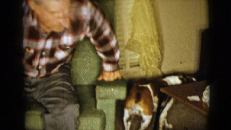 1968 Clarksdale frame showing an older man in a plaid shirt seated in a living room as the dog passes below.