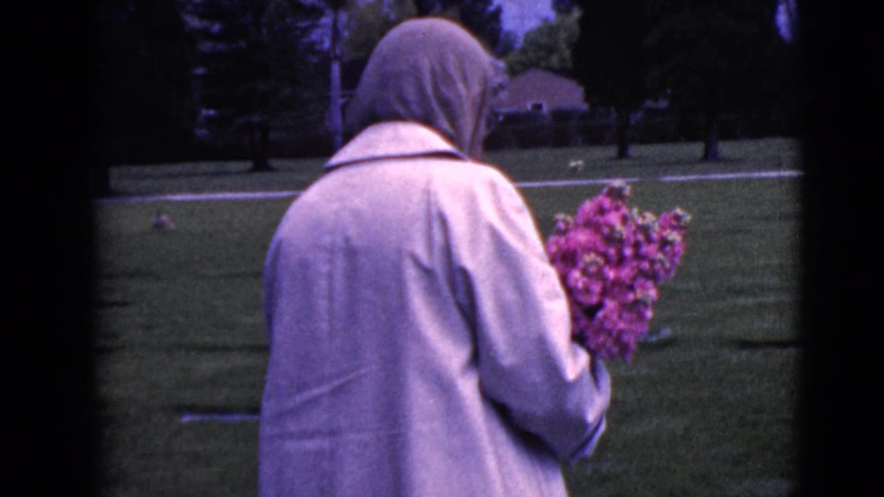Woman seen from behind holding pink flowers while walking across a grassy cemetery.