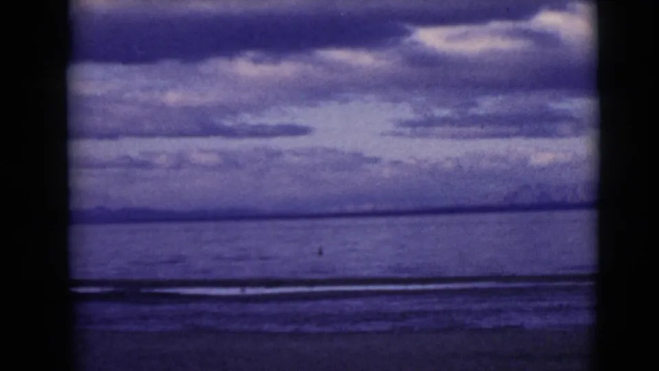 Brief 8mm landscape cut to a purple-tinted beach or shoreline under a clouded sky.