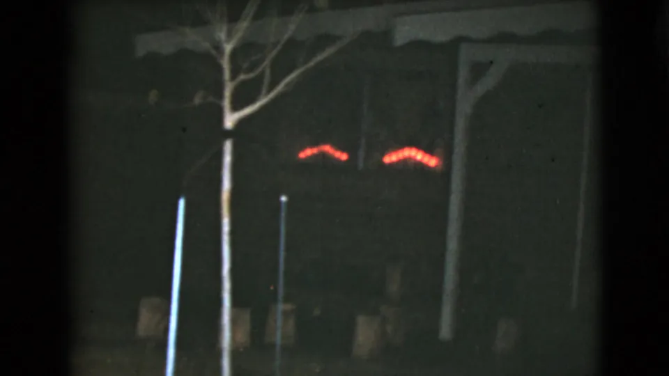 1968 8mm frame of a bare tree and red lights outside the Clarksdale house, with the dark facade receding behind them.