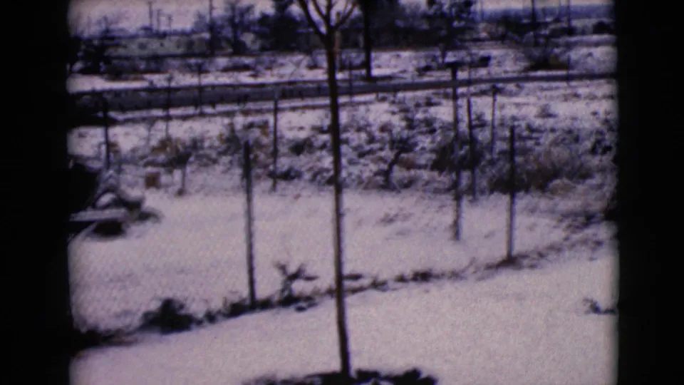 Snow-covered Clarksdale, Arizona residential edge with fence posts, bare trees, utility poles, and distant houses under an overcast sky.