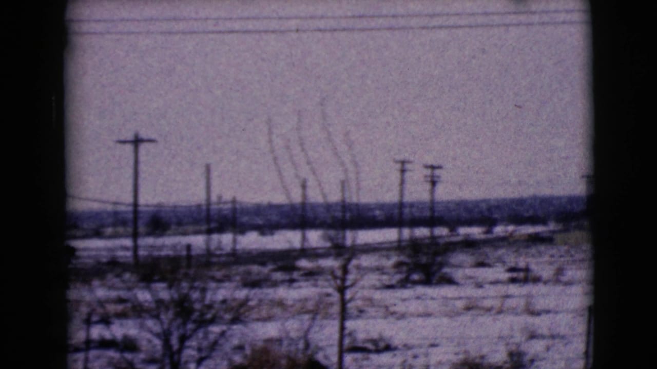 Snowy field with bare brush, utility poles, wires, and distant low hills.