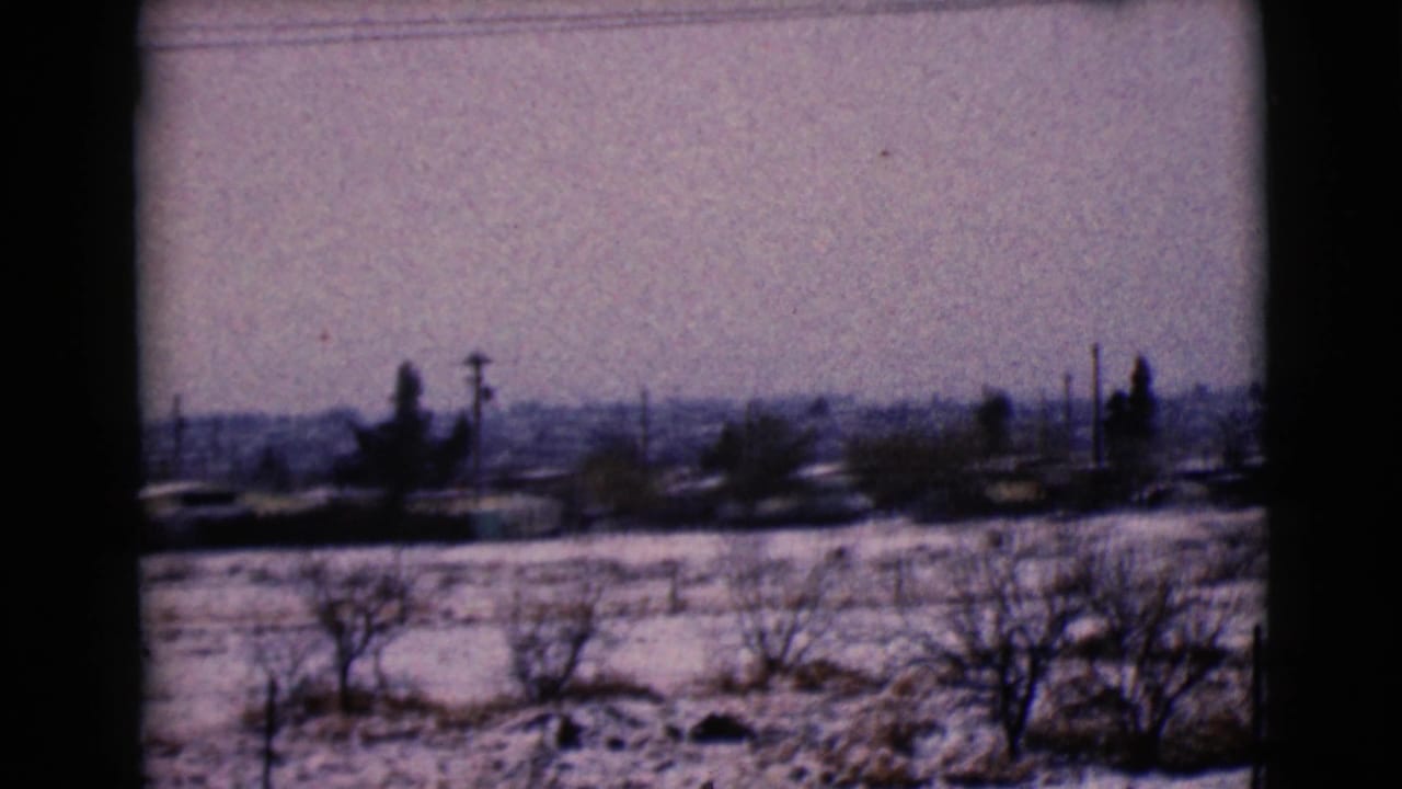 Snowy field with bare trees, utility poles, and distant low homes seen through a dark window frame.