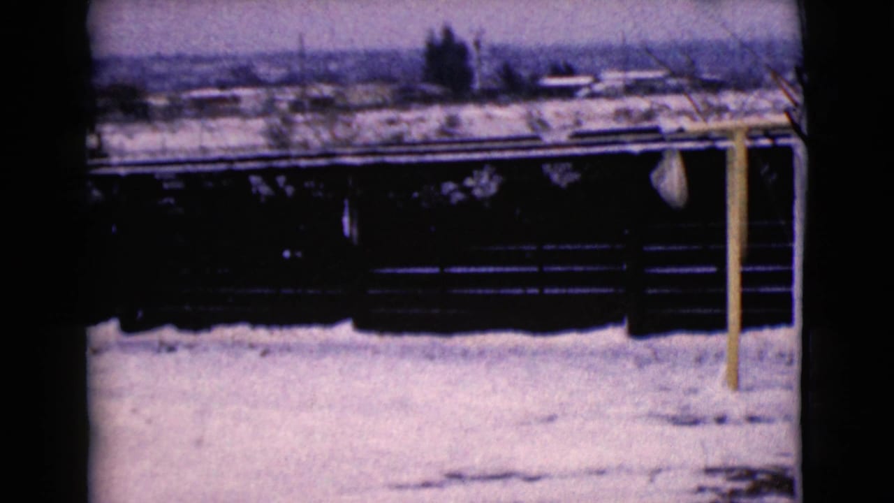 Snowy field with dark fence, low building, utility pole, distant trees, and pale sky.