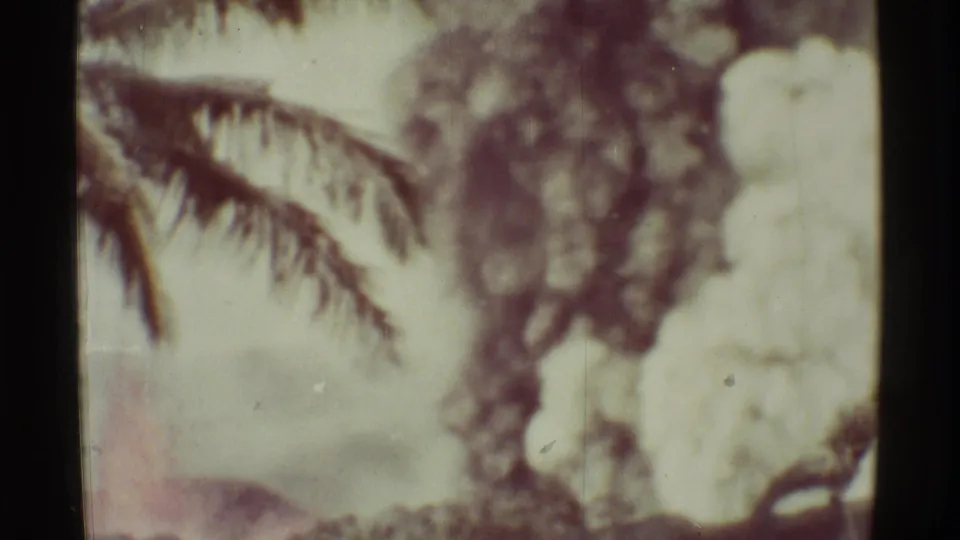 Faded 1971 Hawaii home-movie frame showing palm fronds, soft vegetation, and smoke-like haze over the landscape.