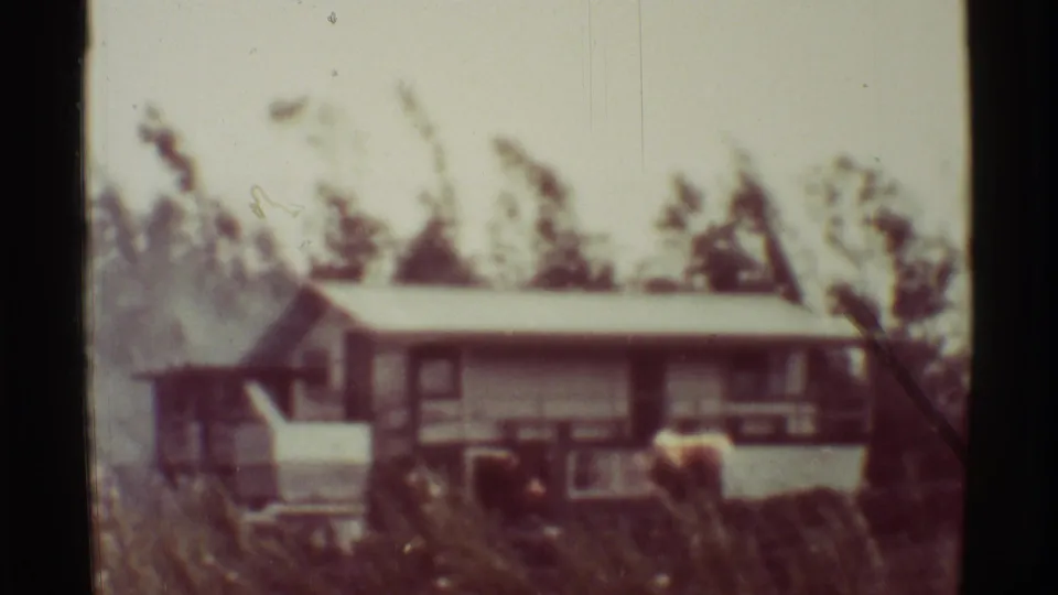 1971 Hawaii 8mm frame showing a small house-like structure near sloped ground, with smoky trees and pale haze behind it.
