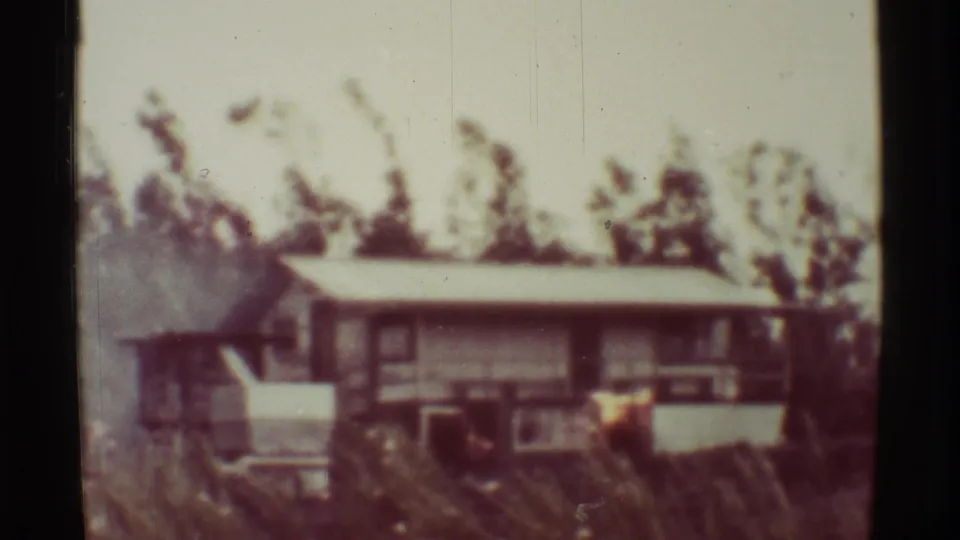 A 1971 Mauna Ulu home-movie frame shows the house and surrounding trees in soft focus, with no clear person visible in this still.