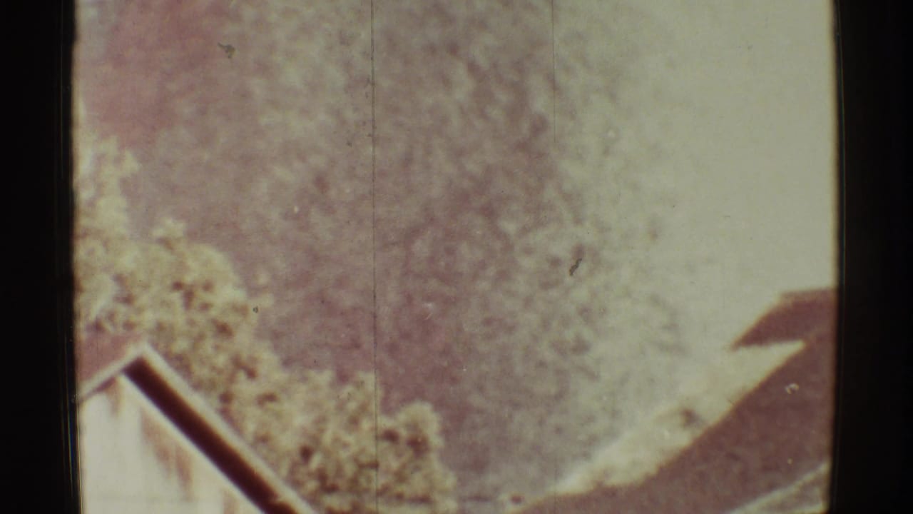Faded view of foliage, a roof edge, and pale volcanic haze.