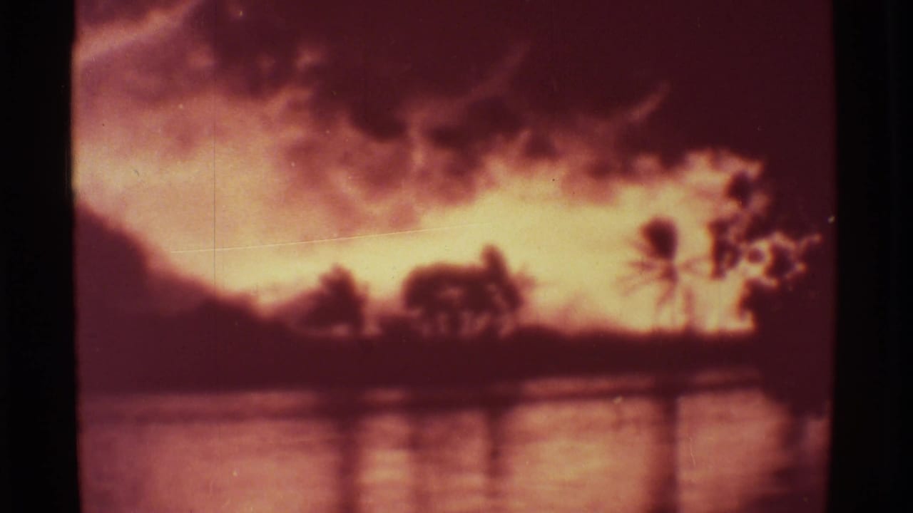 Orange fire glow behind dark palm trees with reflections on water.