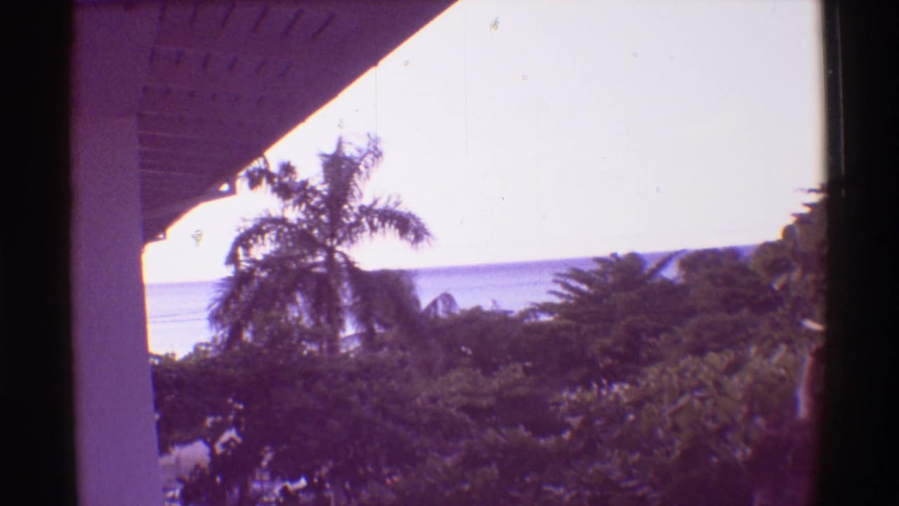 1971 Hawaii 8mm frame from a covered porch, looking past palms and tropical trees toward a distant ocean horizon.