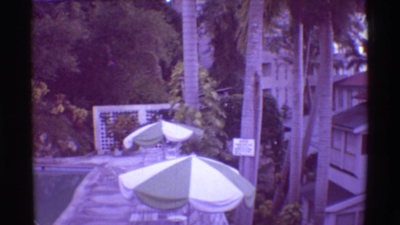 1971 Hawaii resort grounds with pool umbrellas, tall palms, a path, and low-rise buildings among greenery.