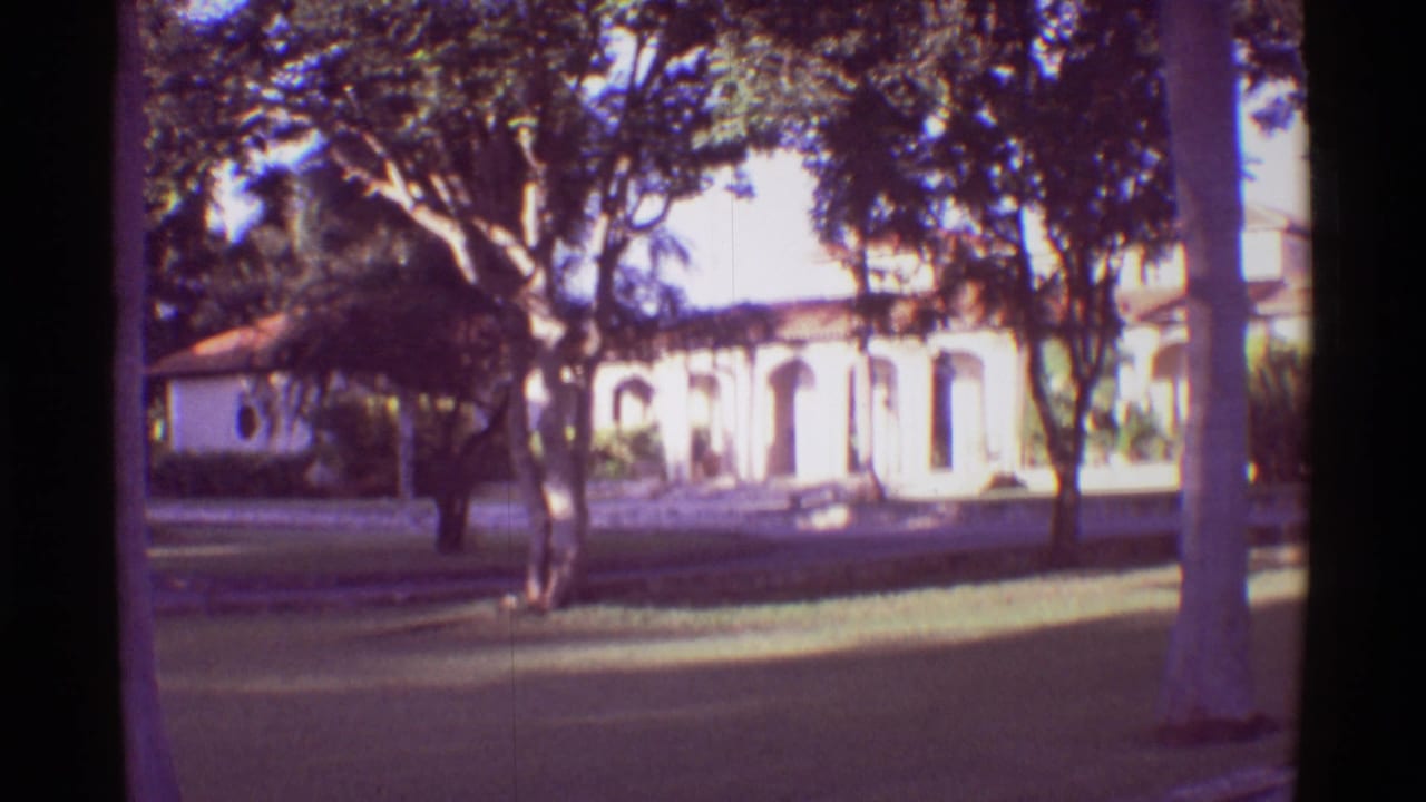 White building with arches framed by large trees and lawn.