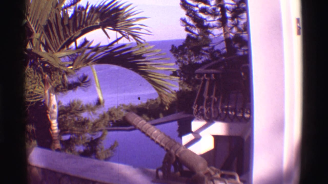 1971 Hawaii balcony view overlooking ocean water, framed by palm fronds, railing, white walls and a decorative cannon.
