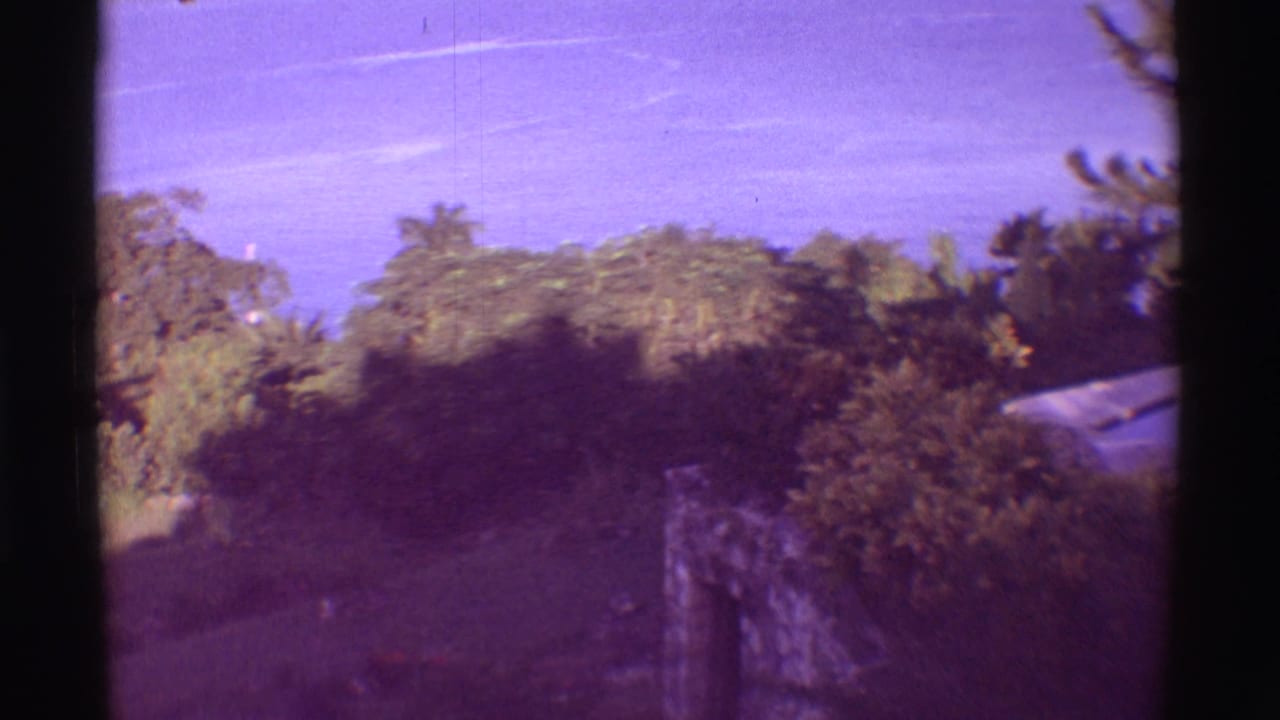 1971 Mauna Ulu, Hawaii home-movie frame with dense shrubs, lava-like rockwork, and the ocean in the background.