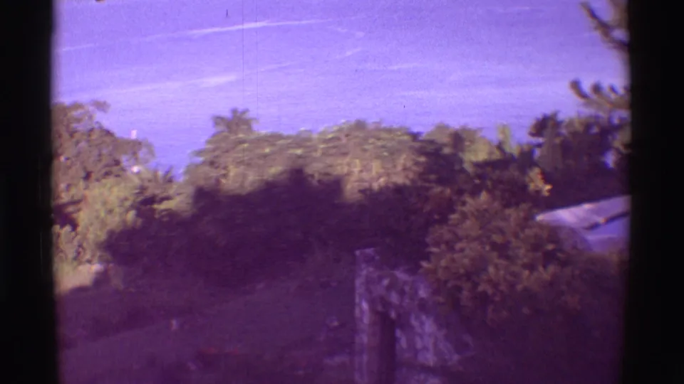 1971 Mauna Ulu, Hawaii home-movie frame with dense shrubs, lava-like rockwork, and the ocean in the background.