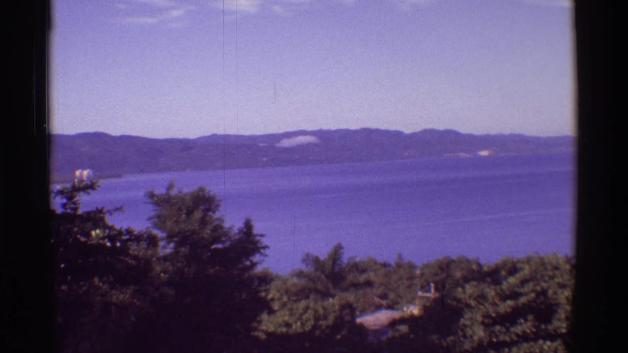Ocean and distant shoreline framed by dark trees and film gate edges.