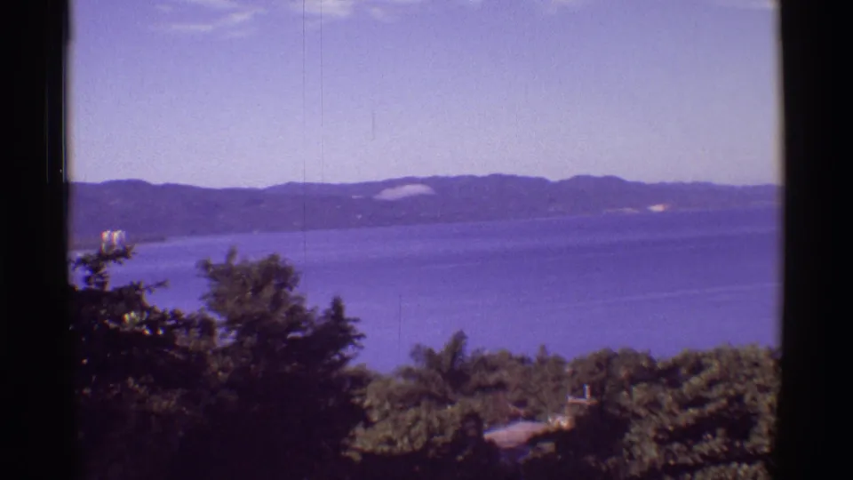 1971 Hawaii 8mm frame with calm ocean water, distant hills and foreground tropical trees under a pale sky.