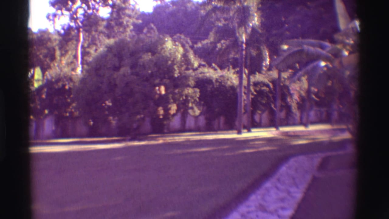 1971 Mauna Ulu 8mm frame showing a landscaped tropical roadside with palms, lawn, curb, and dense plantings.