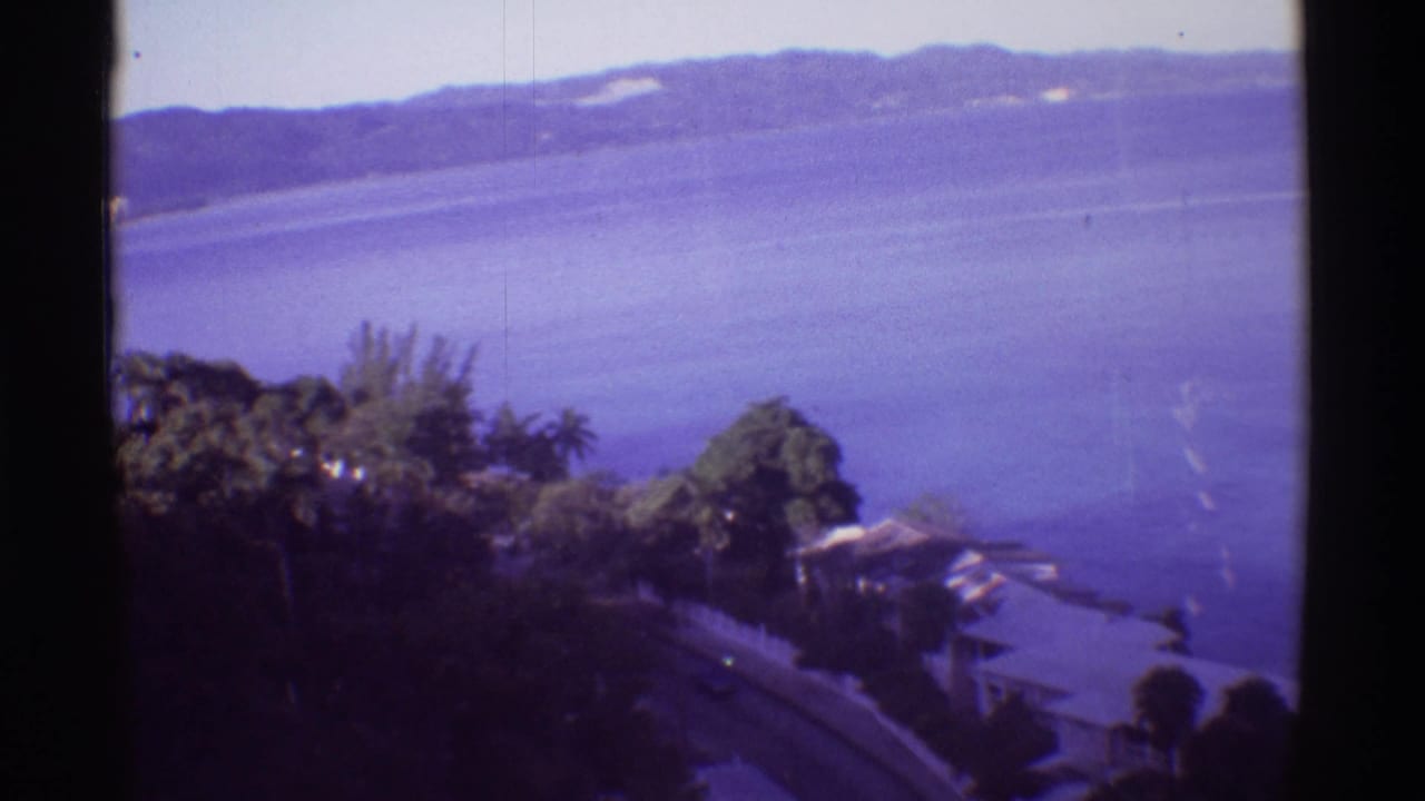 1971 Hawaii home-movie frame with tropical trees in the foreground, blue water below, and low hills across the water.