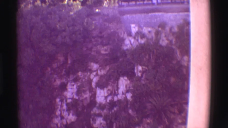 1971 Hawaii home-movie frame with a planted rock face and a raised bridge or walkway partly visible above it.