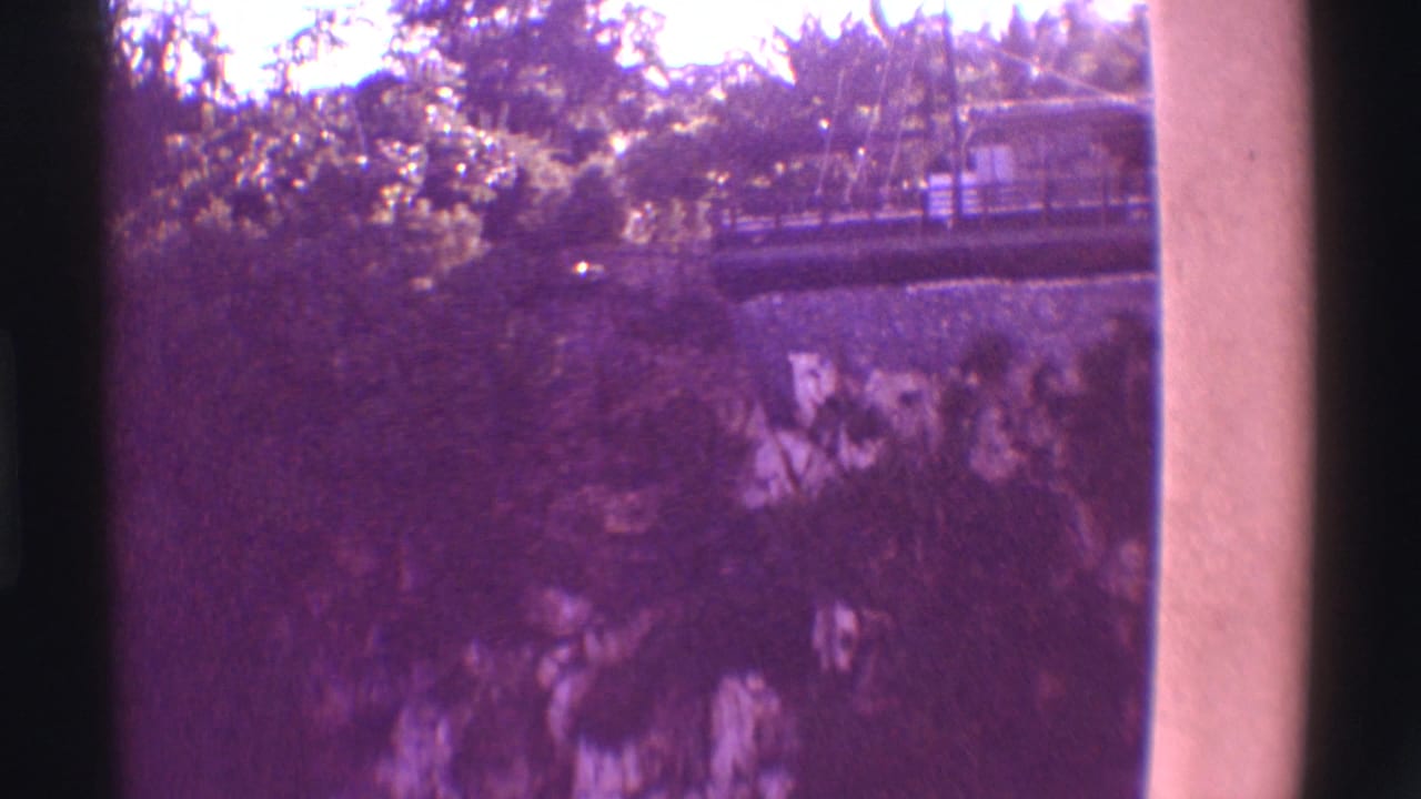 1971 Hawaii 8mm view of trees, a raised bridge or walkway, and a rocky tropical slope under bright sky.