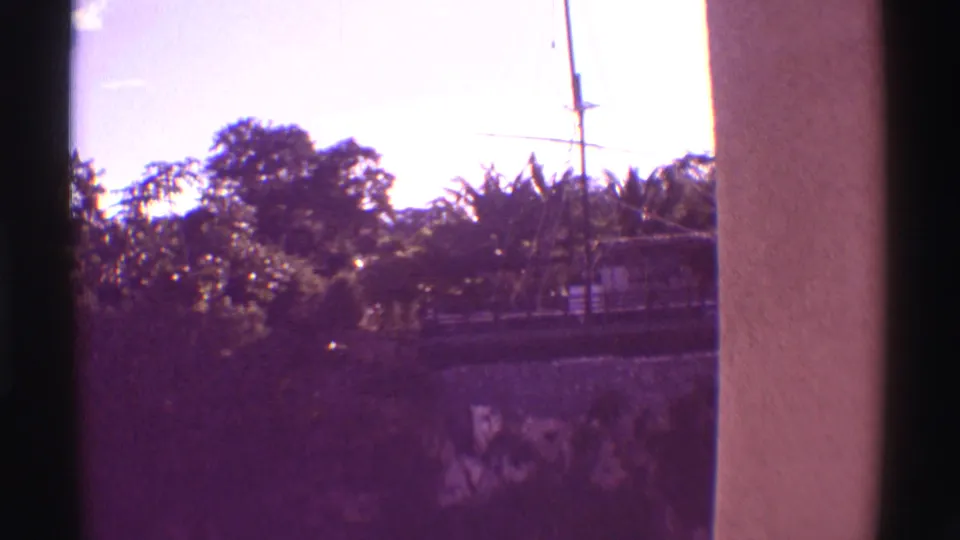 1971 Hawaii 8mm frame showing a docked sailboat mast beyond trees and palm-like foliage, with the view partly blocked by building columns.