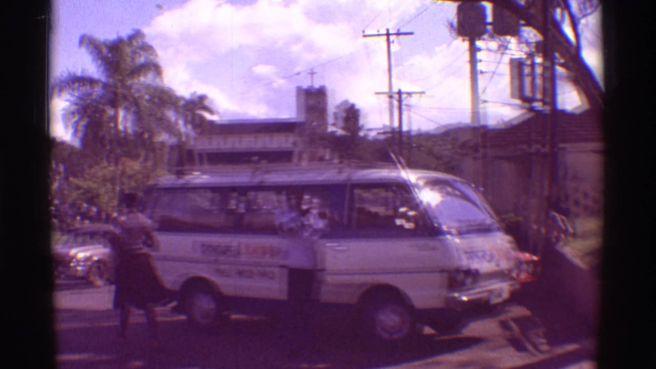 White tour van stopped near the curb with pedestrians, palm trees, utility poles, and buildings nearby.