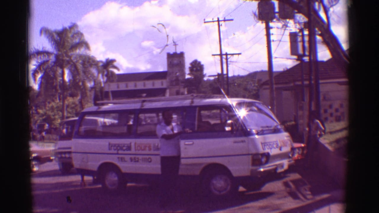 White branded tour van in a 1971 Hawaii street scene with a man at the side door, palm trees, utility poles, cars, and bright sun flare.