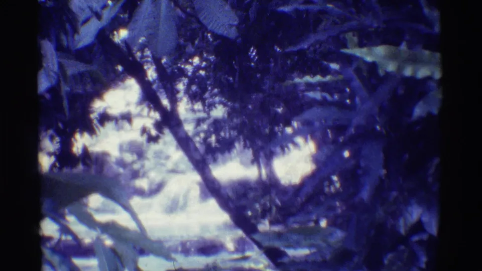 1971 Mauna Ulu, Hawaii home-movie frame showing a bright rushing stream framed by dark tropical foliage and rocks.