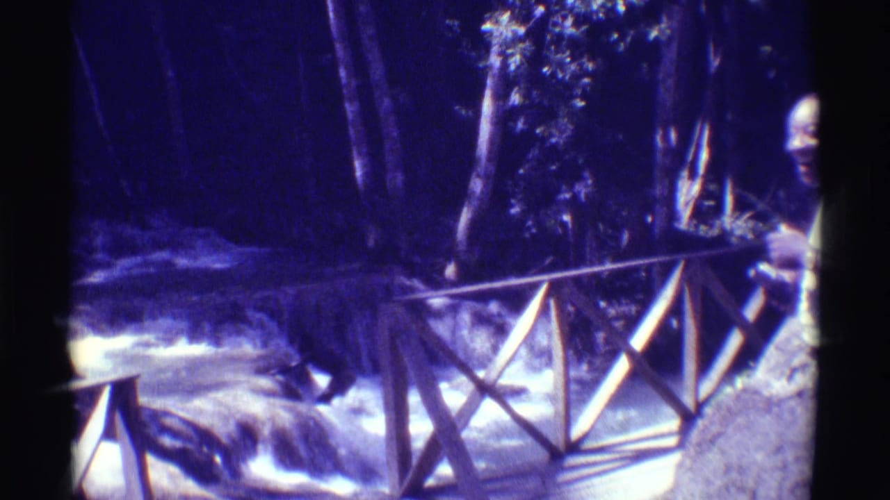 1971 Mauna Ulu, Hawaii home-movie frame showing a wooden footbridge over rushing water with a partially visible standing person nearby.