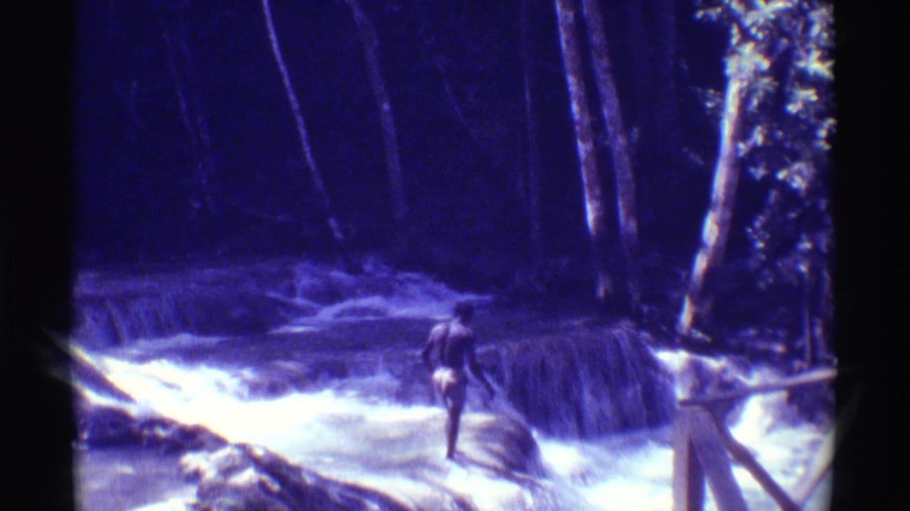 Person crossing a cascading stream near rocks and trees.