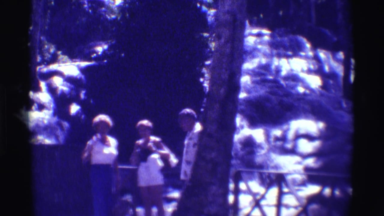 1971 Mauna Ulu home-movie frame of three people at a scenic waterfall stop, with one or more figures appearing to wave toward the camera.