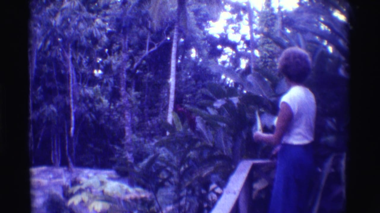 1971 Mauna Ulu home-movie frame with a woman in a white top and blue skirt beside a wooden railing in lush forest.