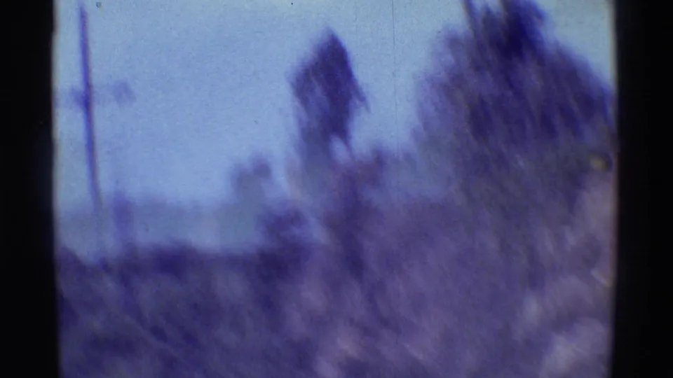 Motion-blurred 8mm frame with vegetation, sky, and dark gate edges from the 1971 Hawaii clip.