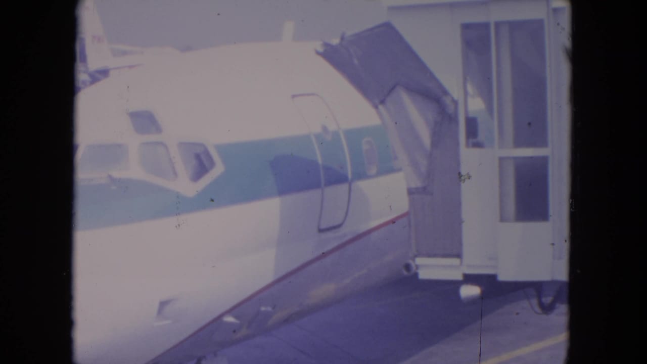 Jet nose beside an extended passenger boarding bridge in bright daylight.