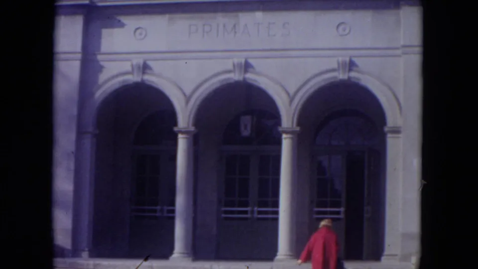 1972 Lincoln Park frame showing the PRIMATES building facade with arched entrances and a red-coated visitor near the doorway.