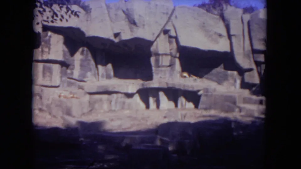 Wider 1972 zoo view showing layered artificial rocks and the resting lion partly visible near the lower right of the enclosure.