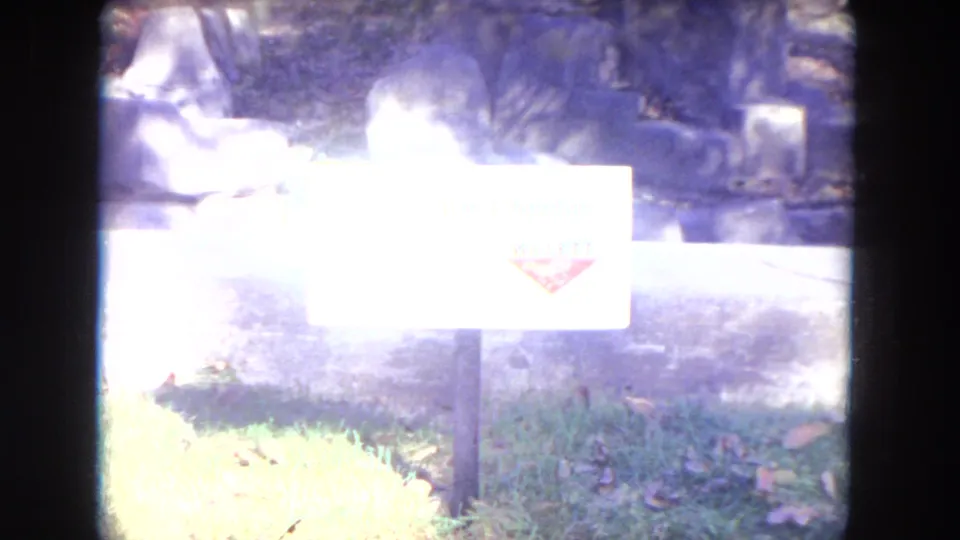 A bright cheetah exhibit sign appears in front of grass and rockwork in the 1972 Lincoln Park zoo home movie.