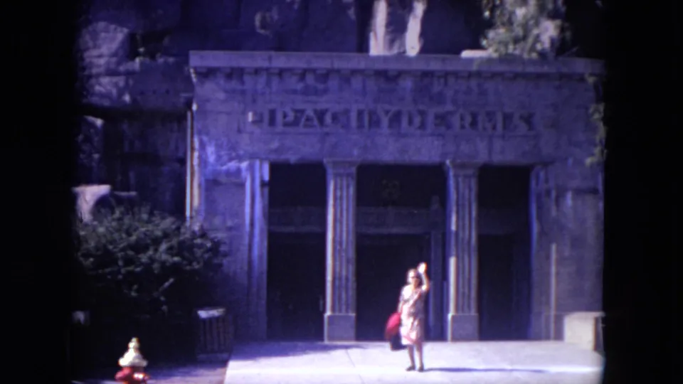 1972 zoo footage shows the woman near the stone Pachyderms entrance, with columns, carved lettering, shrubs, and a small hydrant visible.