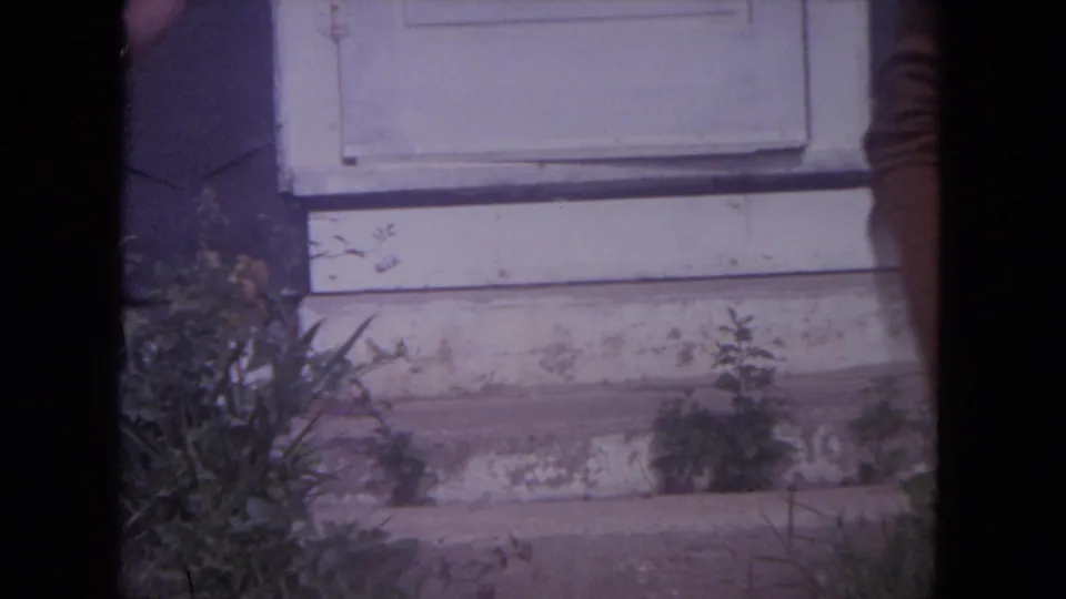 Lake Geneva 1972 frame with worn outdoor steps, a white door, garden foliage, and partial people cropped along the film frame edges.